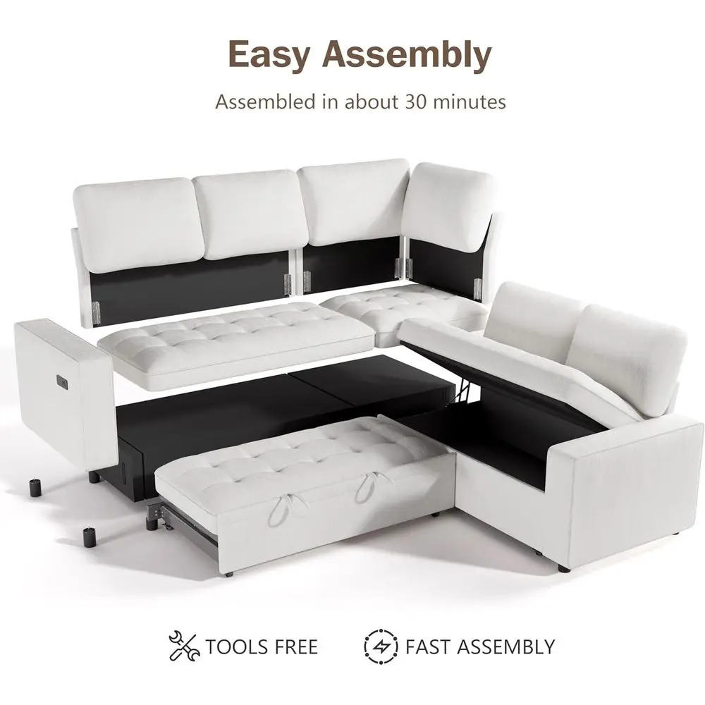 85 U-Shaped Sectional Sofa with Pull-Out Bed, Chenille Fabric, USB Ports, Reclining Seats, Storage, and Easy Assembly