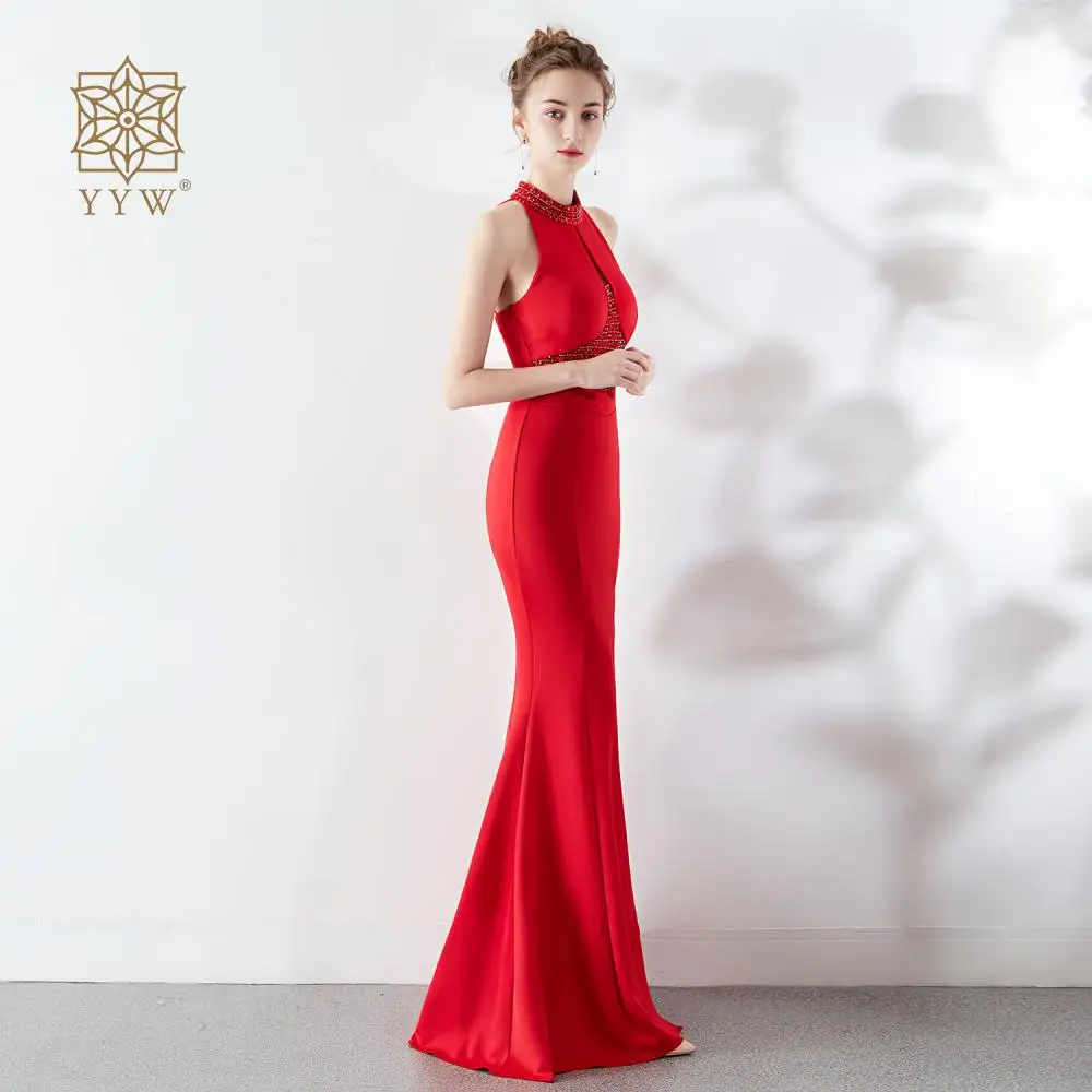 Red New Year Playing Dress For Women Sexy A-Line Backless Wedding Banquet Dress Ladies Elegant Beading Side Slip Evening Vestido