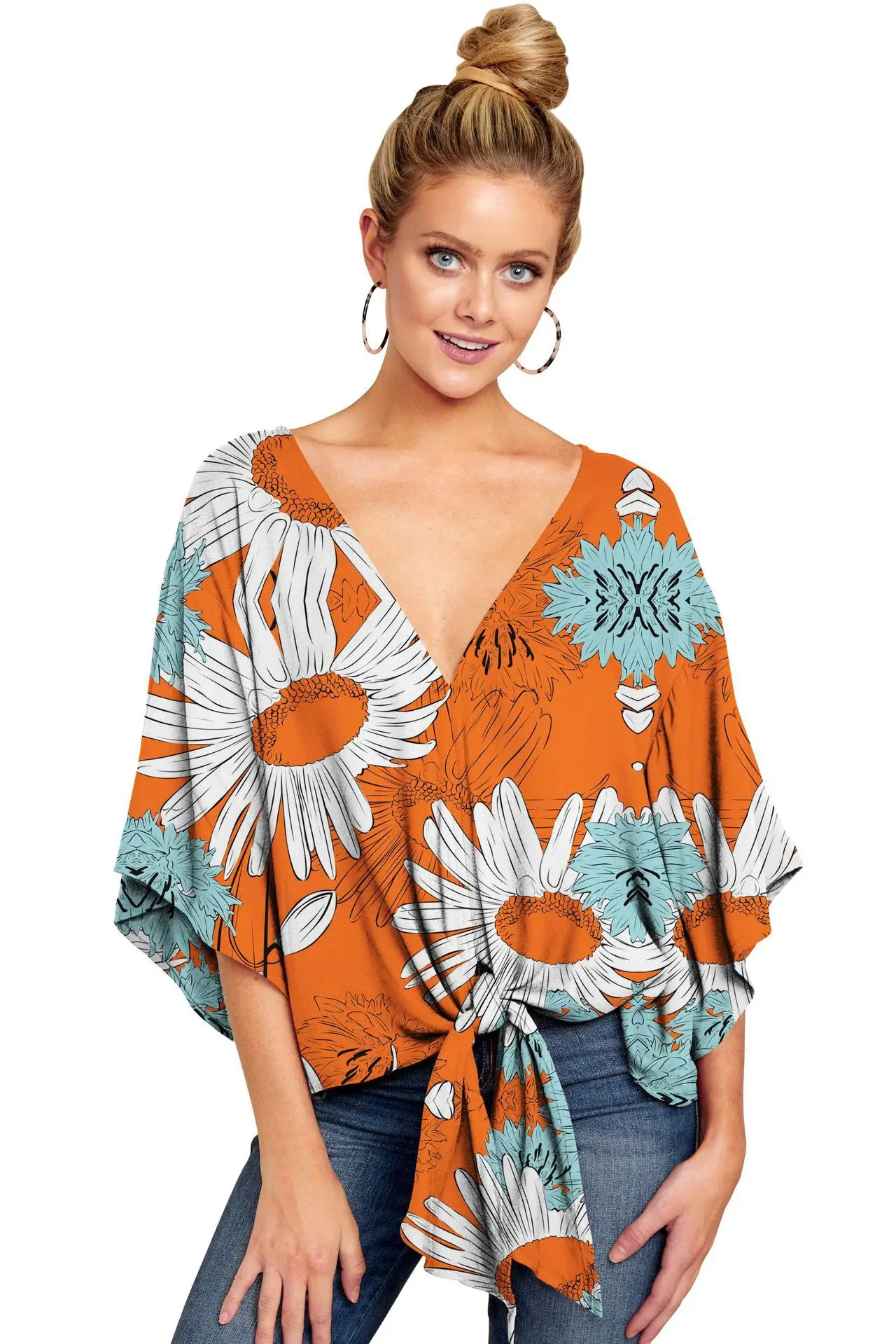 

2024 Women's Casual Floral Blouse Batwing Sleeve Loose Fitting Shirts Boho Knot Front Tops