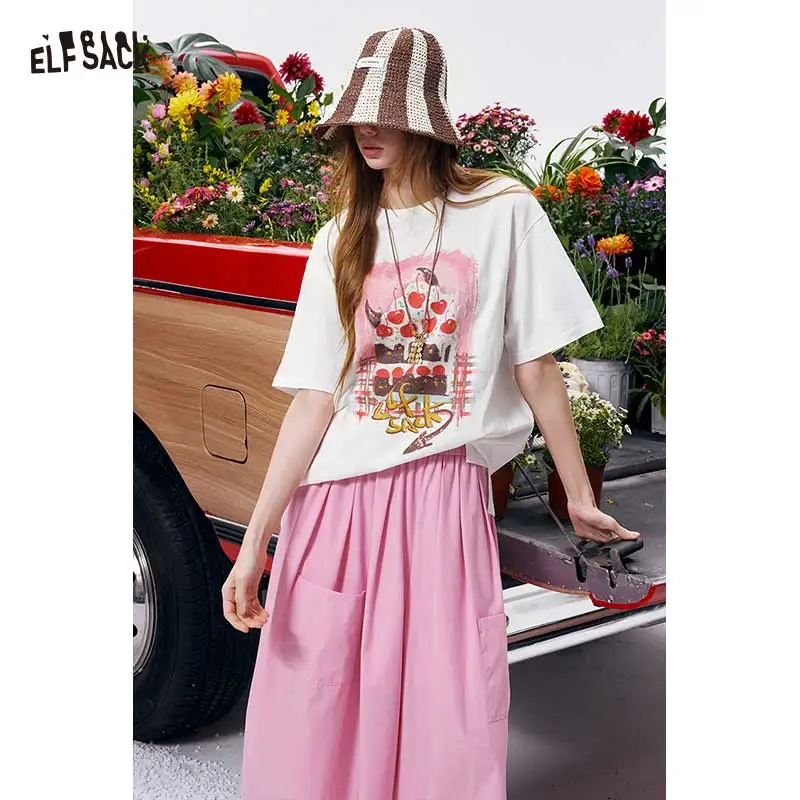 

ELFSACK Women's Oversized Drop Shoulder T-Shirt, Graffiti Cake Print Double Gauze Tee, Casual Versatile Summer Short Sleeve Top