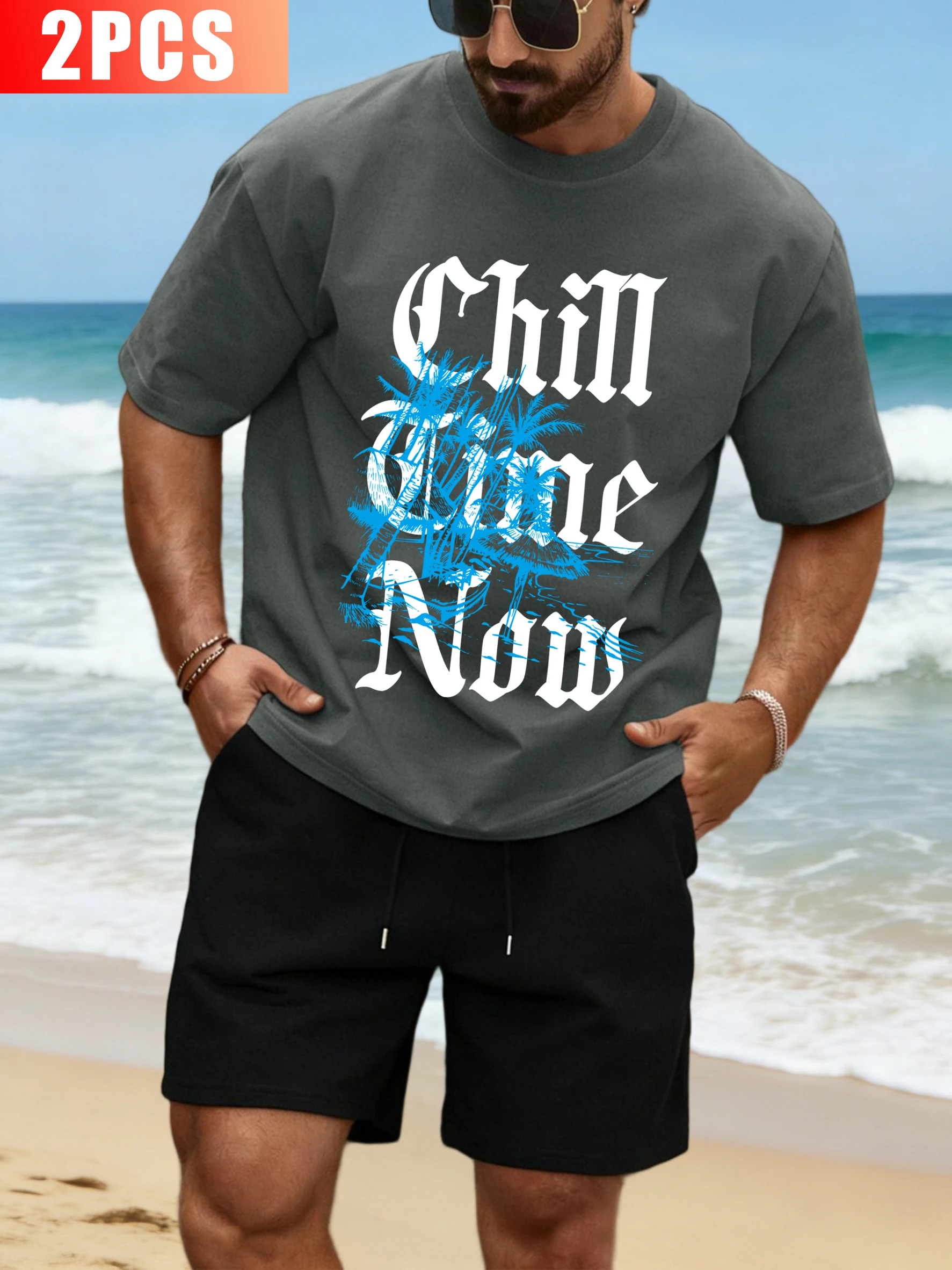 

Beach Chill Time Now Print Mens T Shirt Suit All-Match Loose O-Neck Tee Casual Drawstring Shorts Unisex Cotton Summer Streetwear
