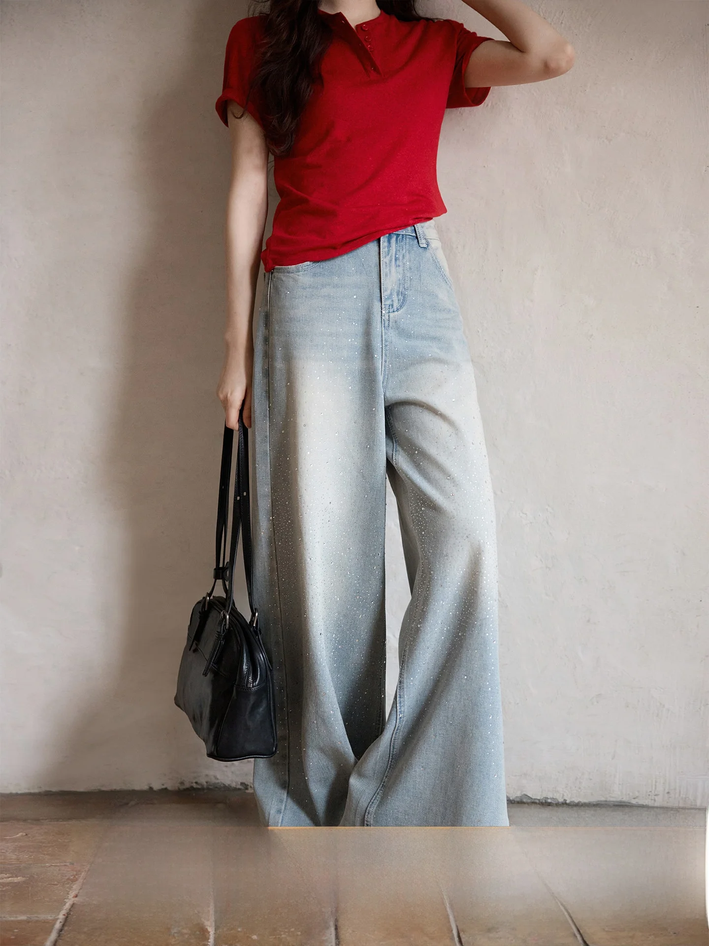 

Spring Season Korean Style Loose Wide Leg Jeans Women's High Waist Comfortable Breathable Light Blue Color Commute Friendly