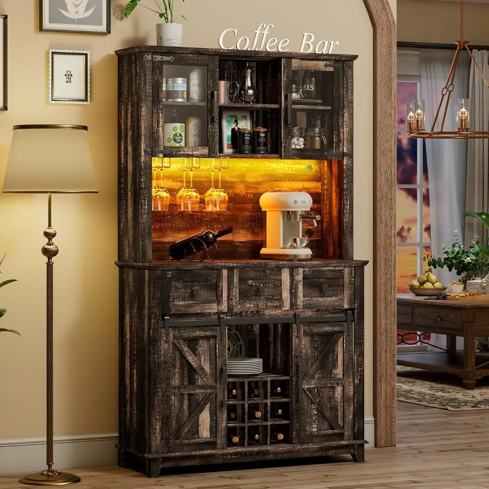

72" Coffee Bar Cabinet with Sliding Barn Door & LED Lights, Sideboard Buffet Cabinet with Wine Bottle Rack, 3 Drawers