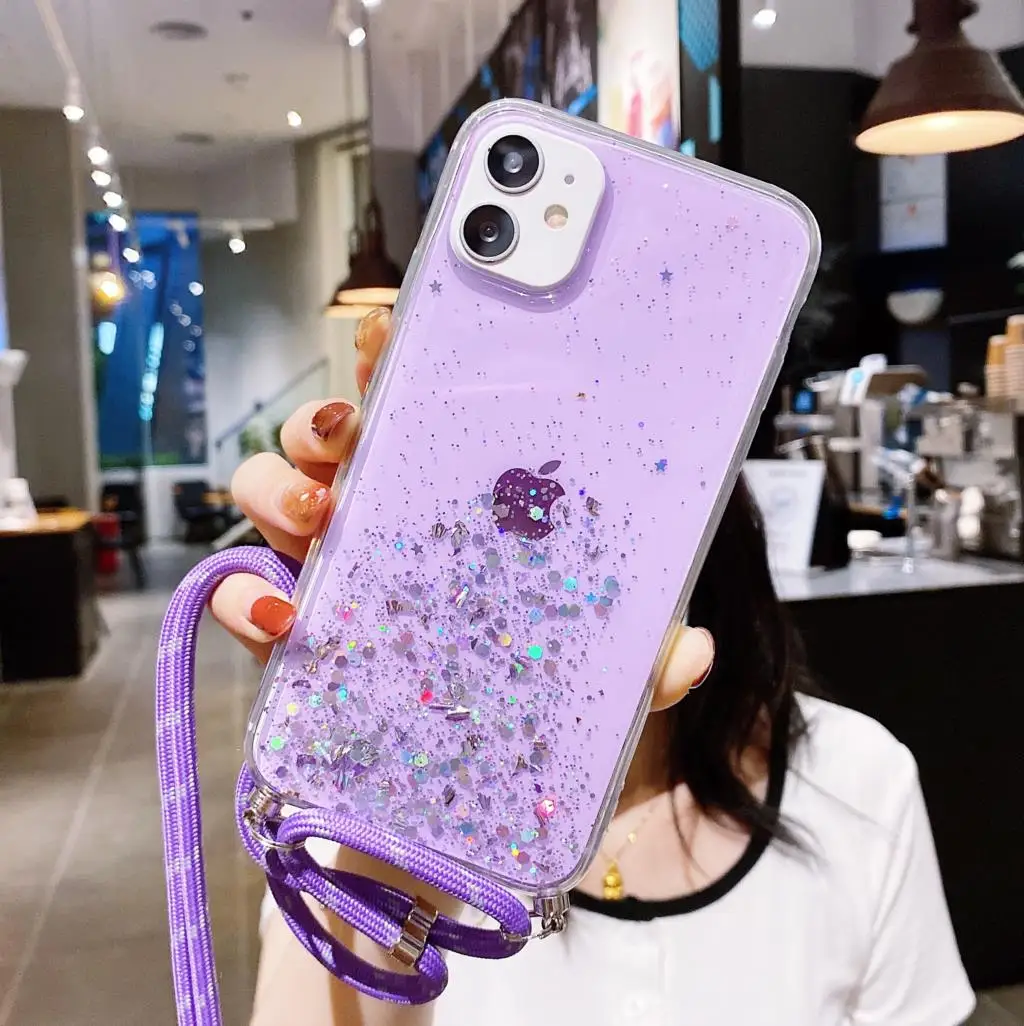 Luxury Glitter Transparent Phone Case For Xiaomi Redmi A3 Poco C61 Lanyard Epoxy Soft Shockproof Bumper Back Cover