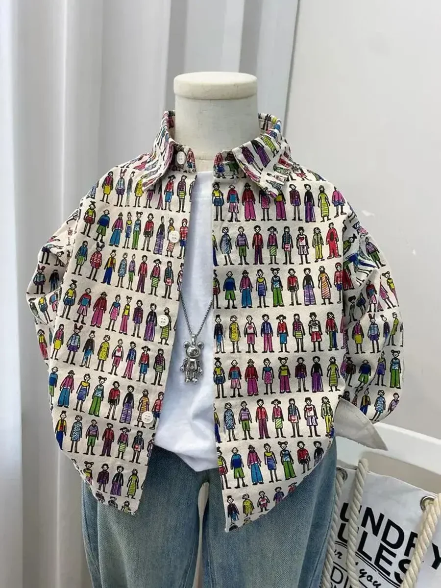 2026 New Boys' Shirt Jacket Spring and Autumn Korean Version Children's Printed Long Sleeved Lapel Shirt Top
