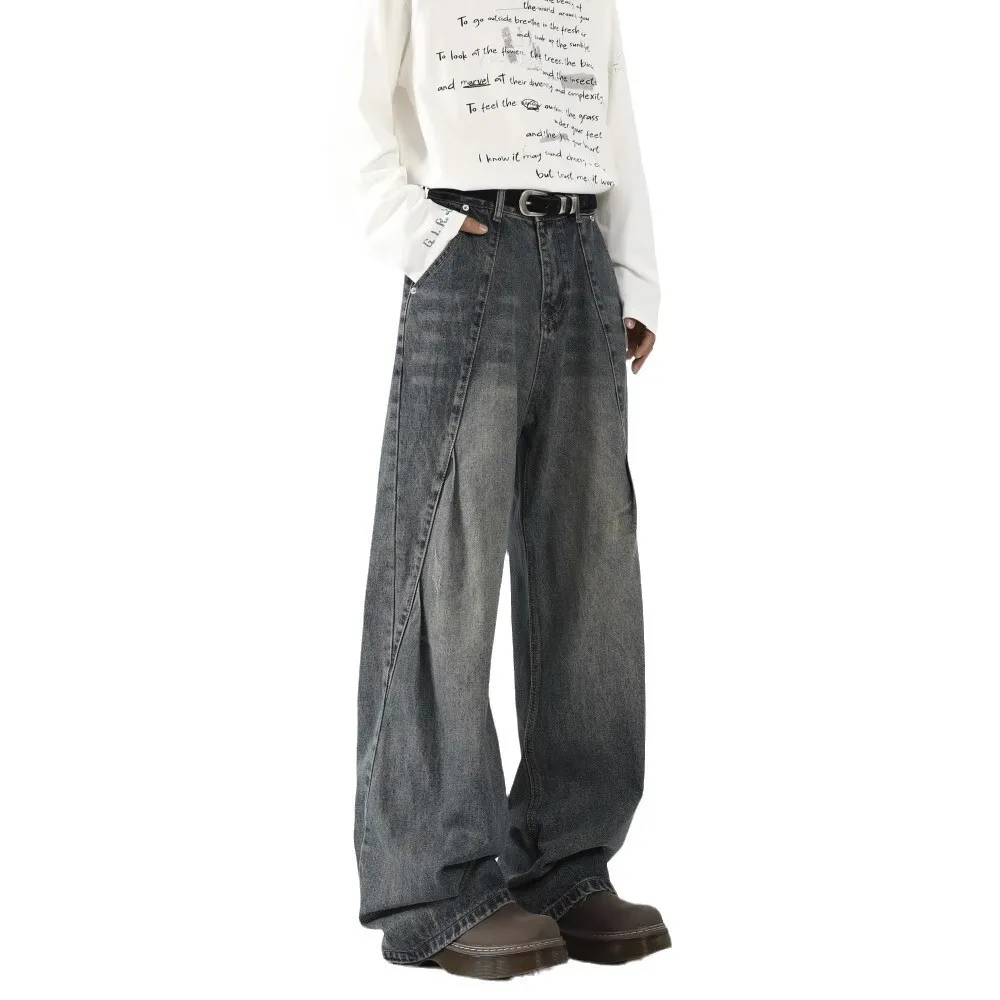 Vintage Men's Straight Wide Leg Washed Loose Fit Baggy Jeans Male Streetwear Cowboy Denim Straight Trousers
