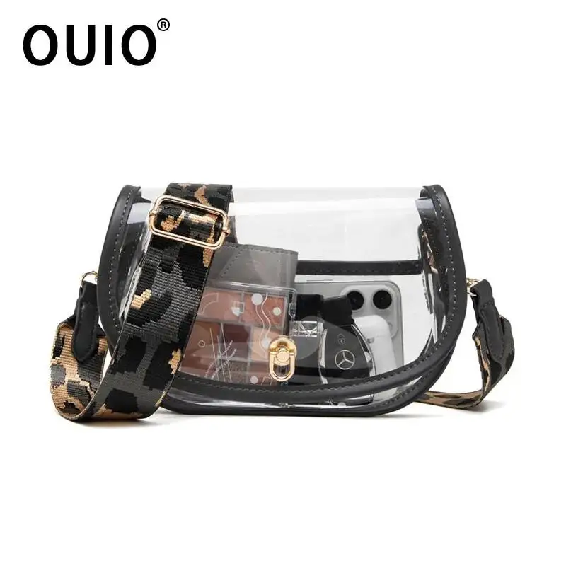 OUIO Phone Pouch Fashion Clear PVC Saddle Bag Gold Twist Lock Leopard Adjustable Strap Transparent Crossbody Purse For Women