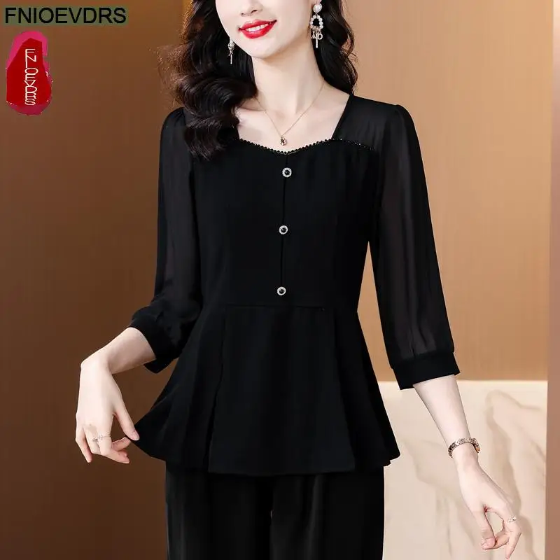 Square Neck Top 2024 Office Women European Fashion Elegant Button Sheer Black Shirt Casual Tunic Belly Peplum Tops And Blouses