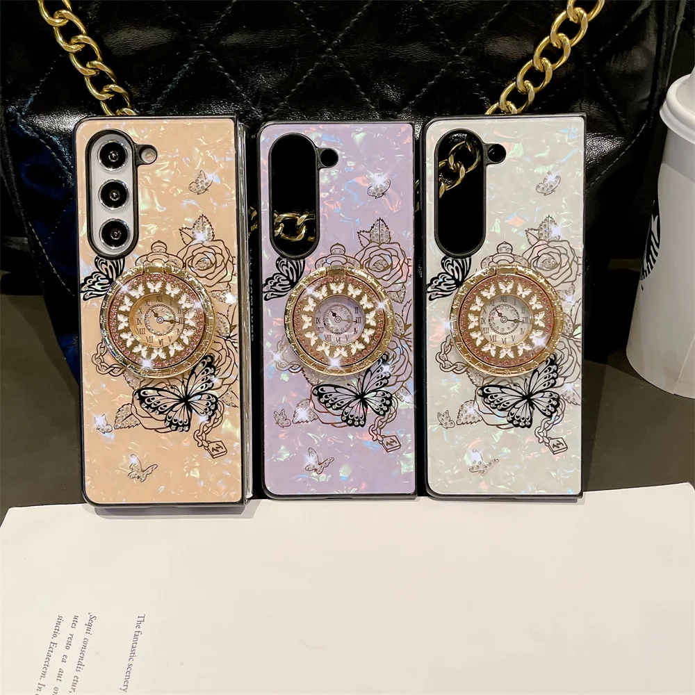 TYBOMB-Butterfly Glitter Metal Ring Case para Samsung Galaxy Z, Fold 5, Z Fold 4, Fold 3, Shockproof Folding Glossy Cover