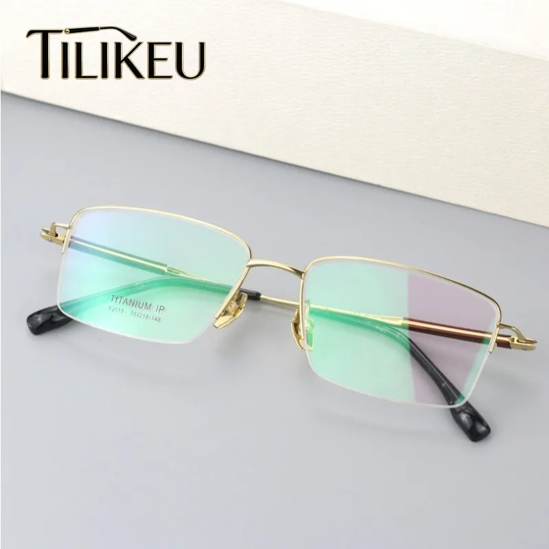 New Pure Titanium Half-Frame Sandalwood Eyeglasses Frame Luxury High-looking Business Men's Square Semi-Rimless Glasses Frame