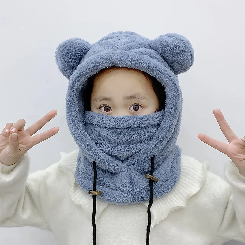 Winter Cute Cartoon Plush Bear Ears Hats Balaclava Warm Bear Baby Hooded Hat Ear Protection Cap Windproof Thick Warm Neck Cover