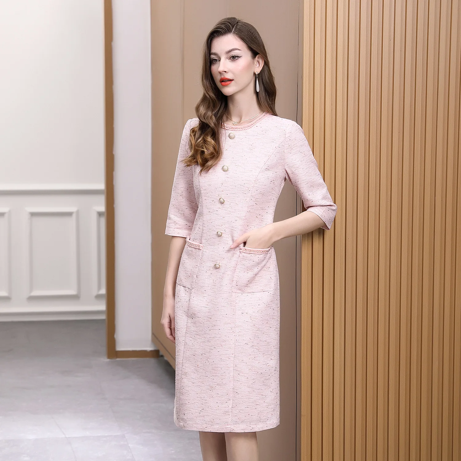 

3XL Women Party Elegant Dress 2025 Summer Lady Button Front Big Pocket Patchwork 3/4 Sleeve Midi Bodycon Sweet Pink Dresses