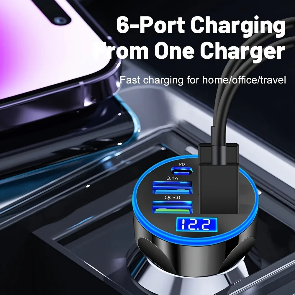 66 واط 6 منافذ PD + USB QC3.0 شاحن سيارة شاشة ديجيتال محول الشحن السريع آيفون 16 شاومي سامسونج هواوي شاحن سريع