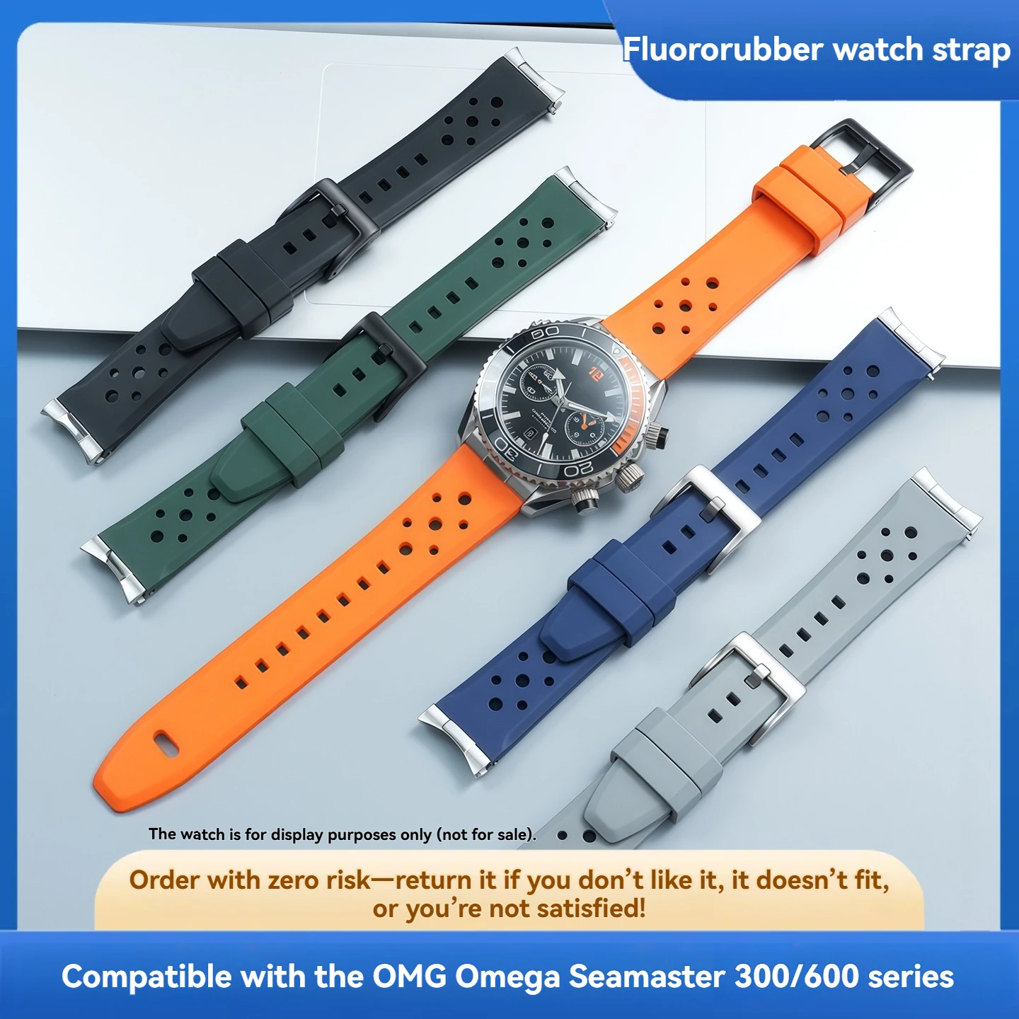 FKM watchband for Omega Omega Seahorse 300 600 series modified Fluorine rubber stainless steel head grain watch strap 20/22mm