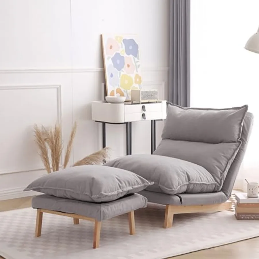 

Chair with Ottoman Set of 2 Lounge Chair Living Room Comfy Set Adjustable Backrest Cotton and Linen Material Lazy Chair with Ot