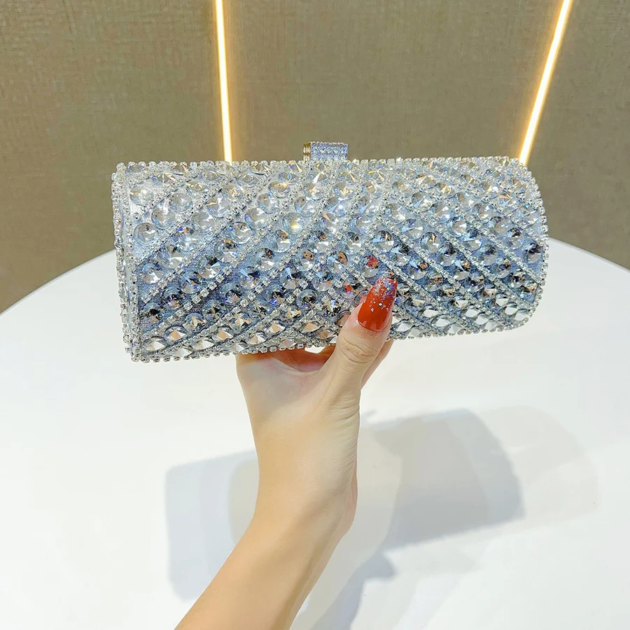 

Cylindrical Shape Women Clutch Evening Bag Crystal Bridal Wedding Purse Rhinestones Handbags Chains Crossbody Bags for Women Sac