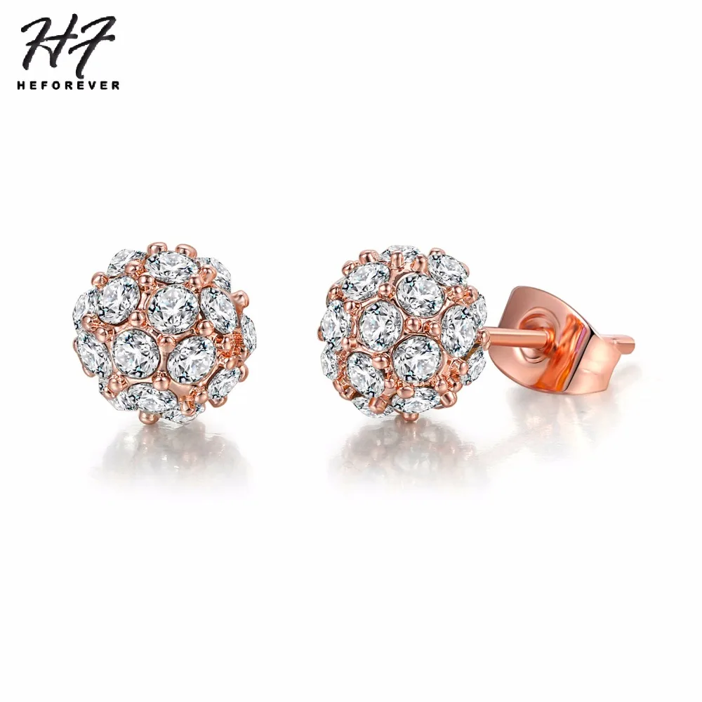 Geometric Crystal  Lucky Ball Stud Earrings for Women Rose Gold Color Earing Fashion Jewelry Party Xmas Gift E380