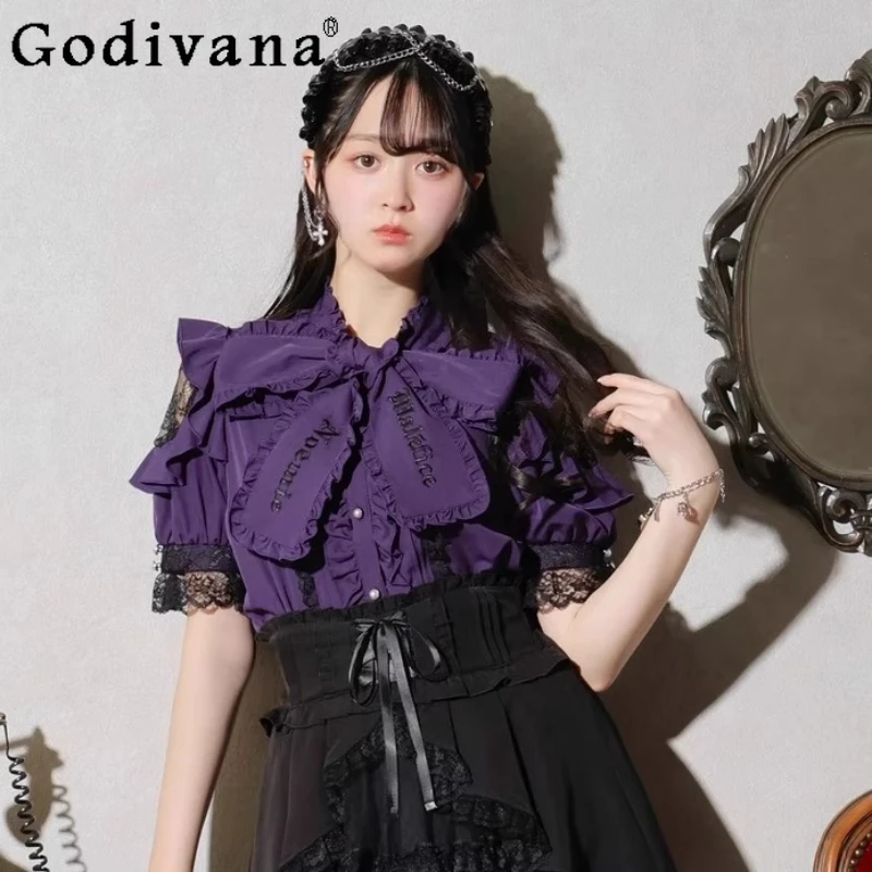 

Japanese Lolita Gothic Ruffles Off-Shoulder Bow Short Sleeve Top 2025 Summer New Embroidered Lace Short Sleeve Personality Shirt