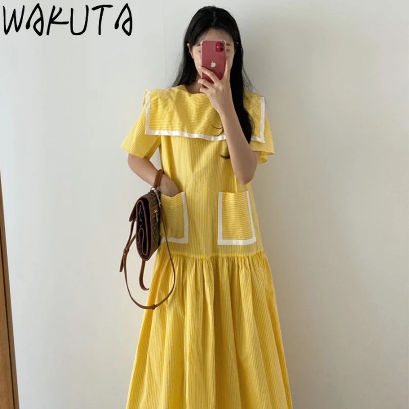 

WAKUTA Summer Sweet Sailor Neck Hit Color Long Dress Women Korean Chic Casual Pockets Short Sleeve Patchwork Loose Dresses 9B543