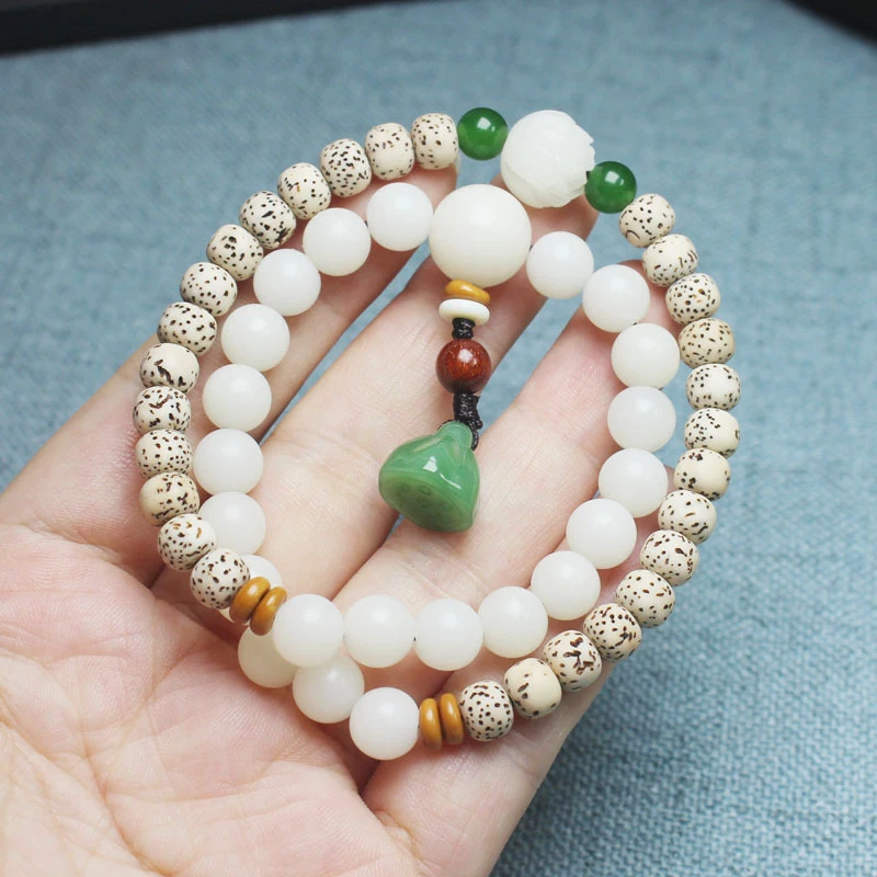 

White Bodhi Root and Star-Moon Bodhi Seed Double-Layer Bracelet with Green Lotus Pendant, Unisex Prayer Bead Jewelry