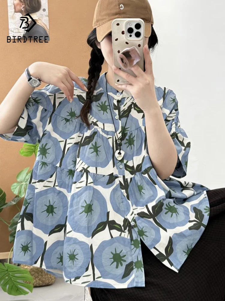 

New 2026 Summer Women Cotton Short Sleeve Shirt, Turn-down Collar Graffiti Print, Mori Girl Fashion Casual Loose Blouse T63052CC