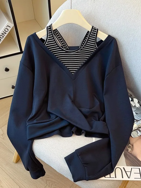 

Универсальный топ с длинным рукавом, имитирующий двухслойность, с открытыми плечами, в полоску, свободного кроя, для осени и зимы