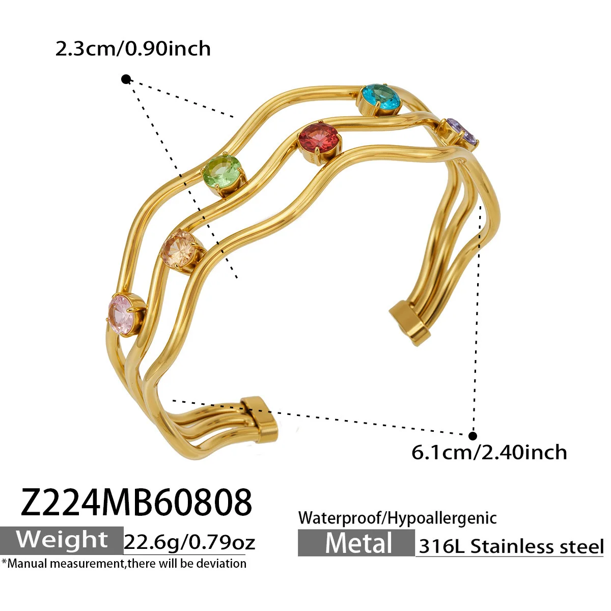 Wellenlinien-Armband für Damen, Edelstahl-Armreif, 18K vergoldeter offener Armreif, farbige Zirkon-Armbänder – Detail 7