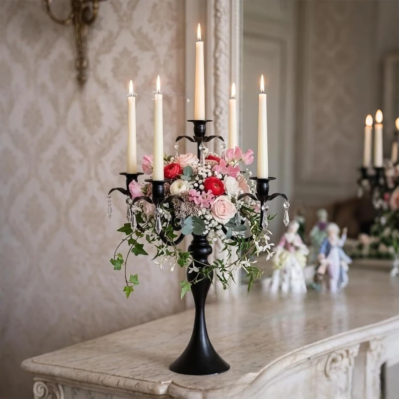 Vintage Black 5-Arm Metal Taper Candle Holder with Crystal Droplets, Table Centerpiece for Wedding, Restaurant, Hotel Decor