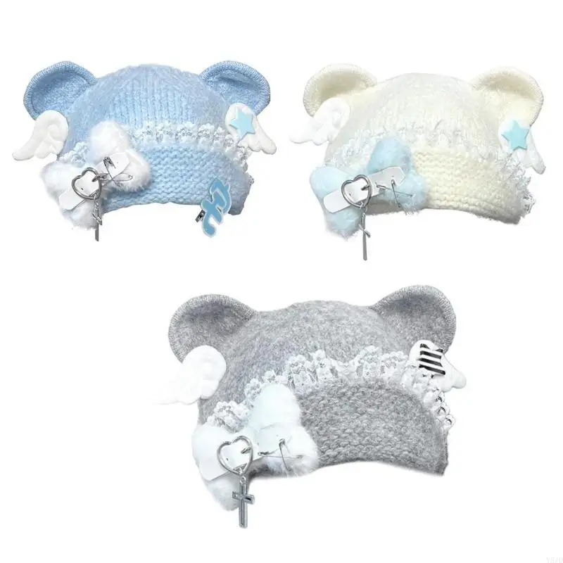 Y5JD Punk Cartoon Cartoon Hat مع أذن جميلة وعظام للرياضة في الهواء الطلق فروي بيني قبعة رأس كبيرة الحجم لفصل الشتاء #4