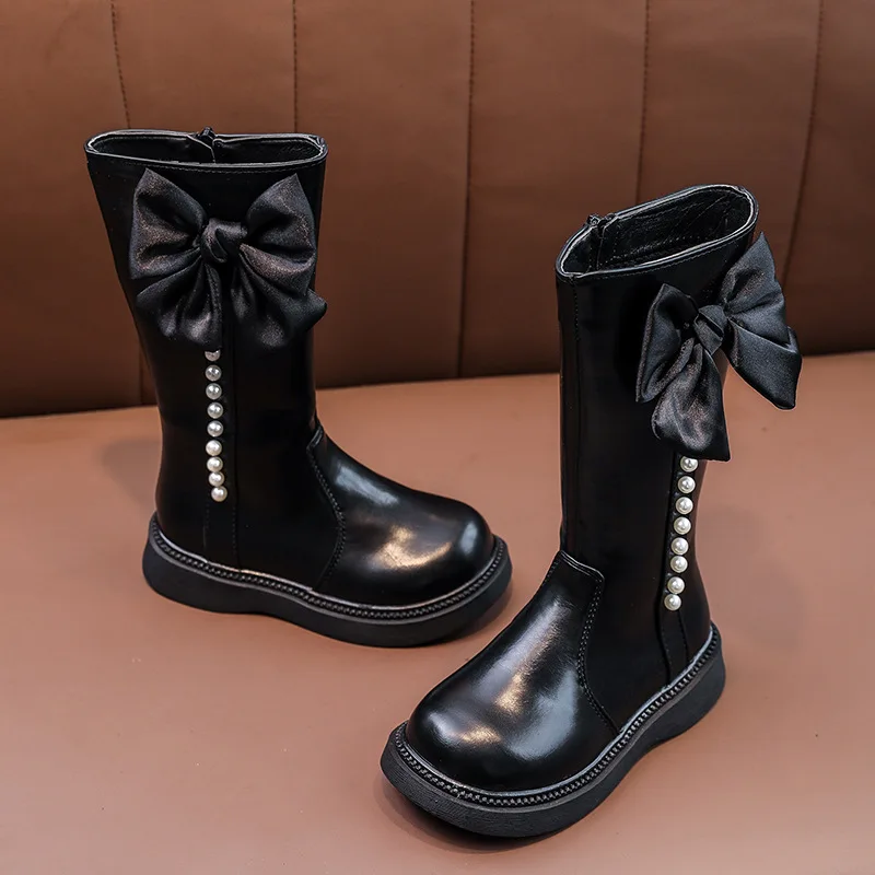 Bottes mi-mollet en cuir souple pour enfants, bottes longues zippées pour filles, chaussures rondes pour enfants, nœud de perle, mode princesse