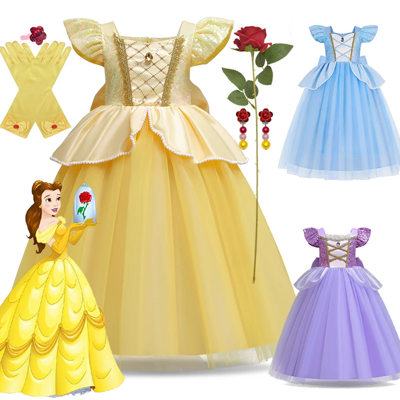 Girls Cosplay Princess Beauty And Beast Costume Belle Cinderella Rapunzel Praty Luxury Wedding Ball Gown Kids Carvinal Clothes