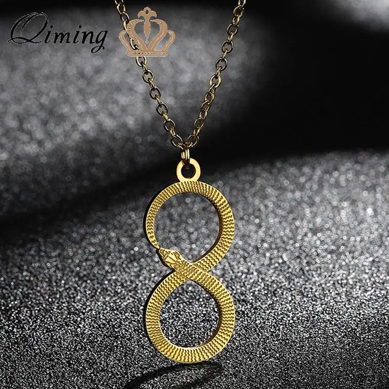 QIMING Serpent Animal Snake Men Necklace Stainless Steel Vintage Jewelry Infinity Mythology Pendant Necklace