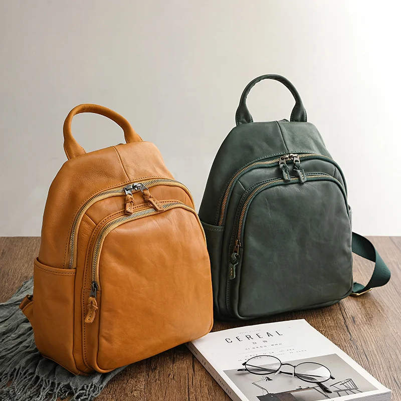 Genuine Leather Women Backpacks For School Teenagers Girls 2024 New Retro Solid Color Soft Cowhide Travel Backpack Green