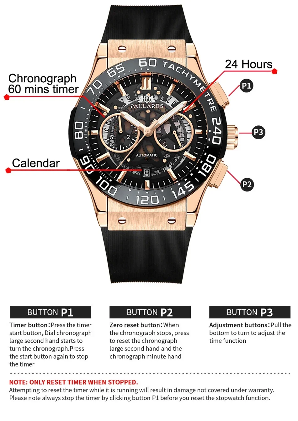 Men Chronograph Watch Skeleton Ceramic Bezel Blue Luminous Automatic See Through Luxury Rose Gold Titanium Rubber Quartz Watches