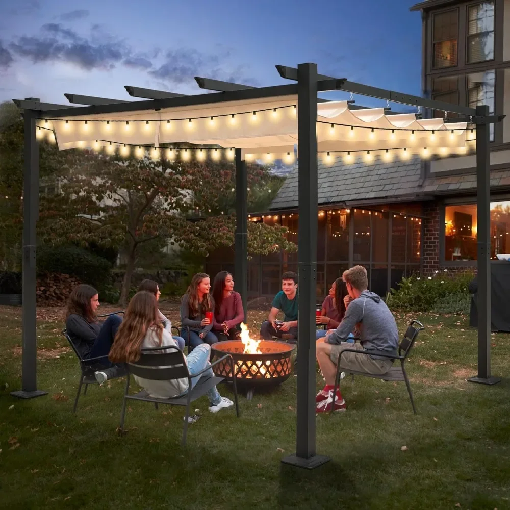 10'x10' Outdoor Pergola with Retractable Canopy, Aluminum Rain-Proof Pergolas for Patio, Yard, Backyard and Garden