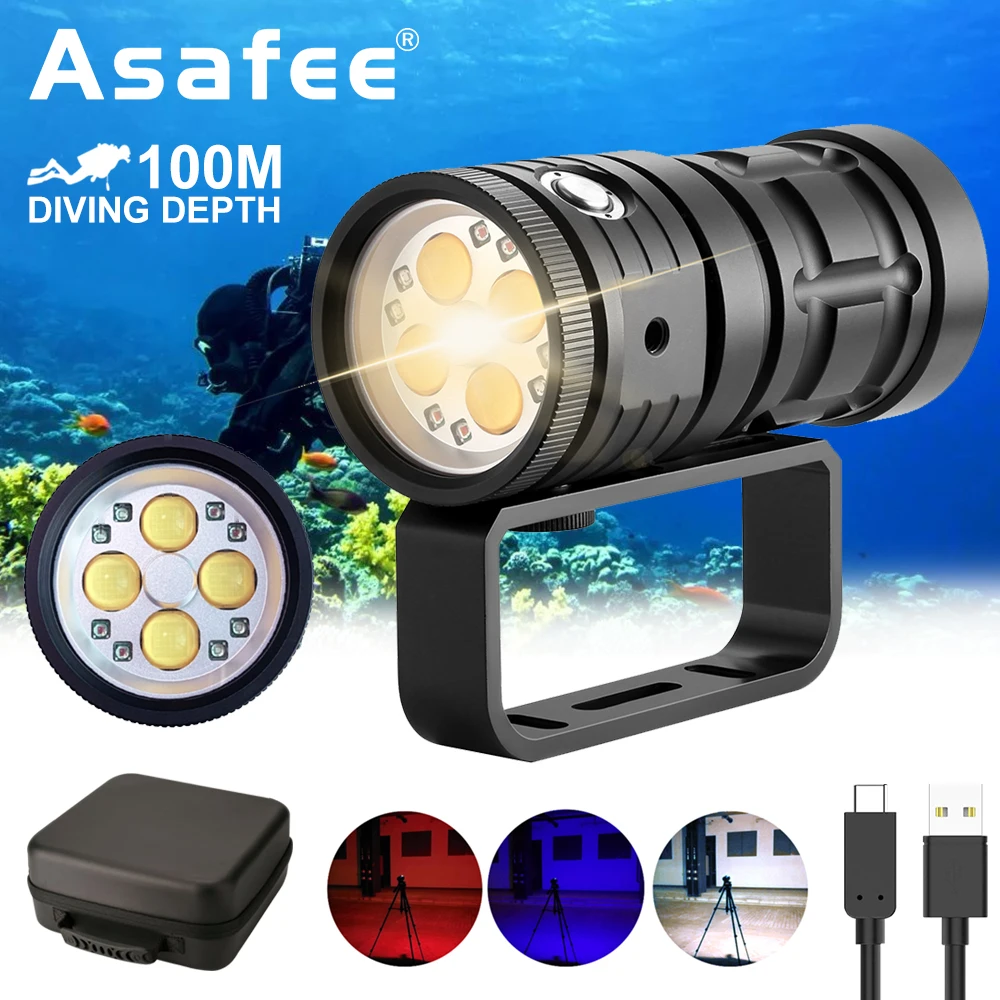 

Asafee D16 Underwater Photography Flashlight LED Diving Flashlight 120 Degree Fill Light Rechargeable Waterproof Dive Torch Lamp