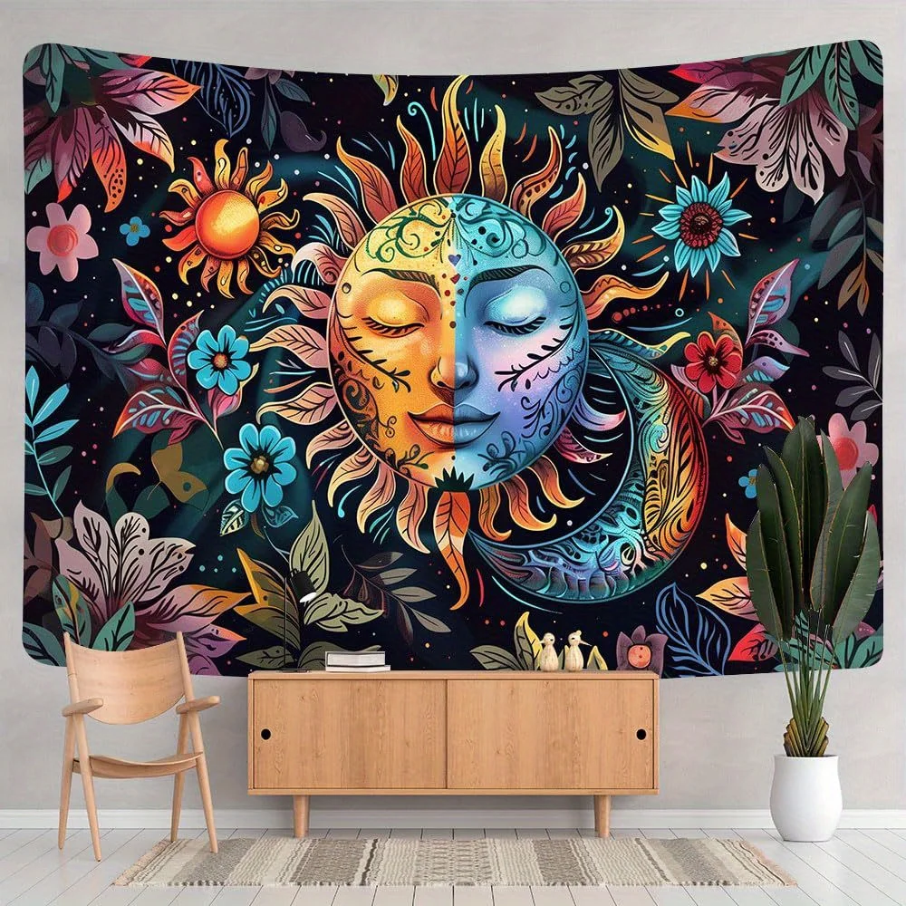 Vibrant Sun and Moon Tapestry - Psychedelic Floral Wall Hanging with Yin Yang Design,for Bedroom, Living Room, Home Decor