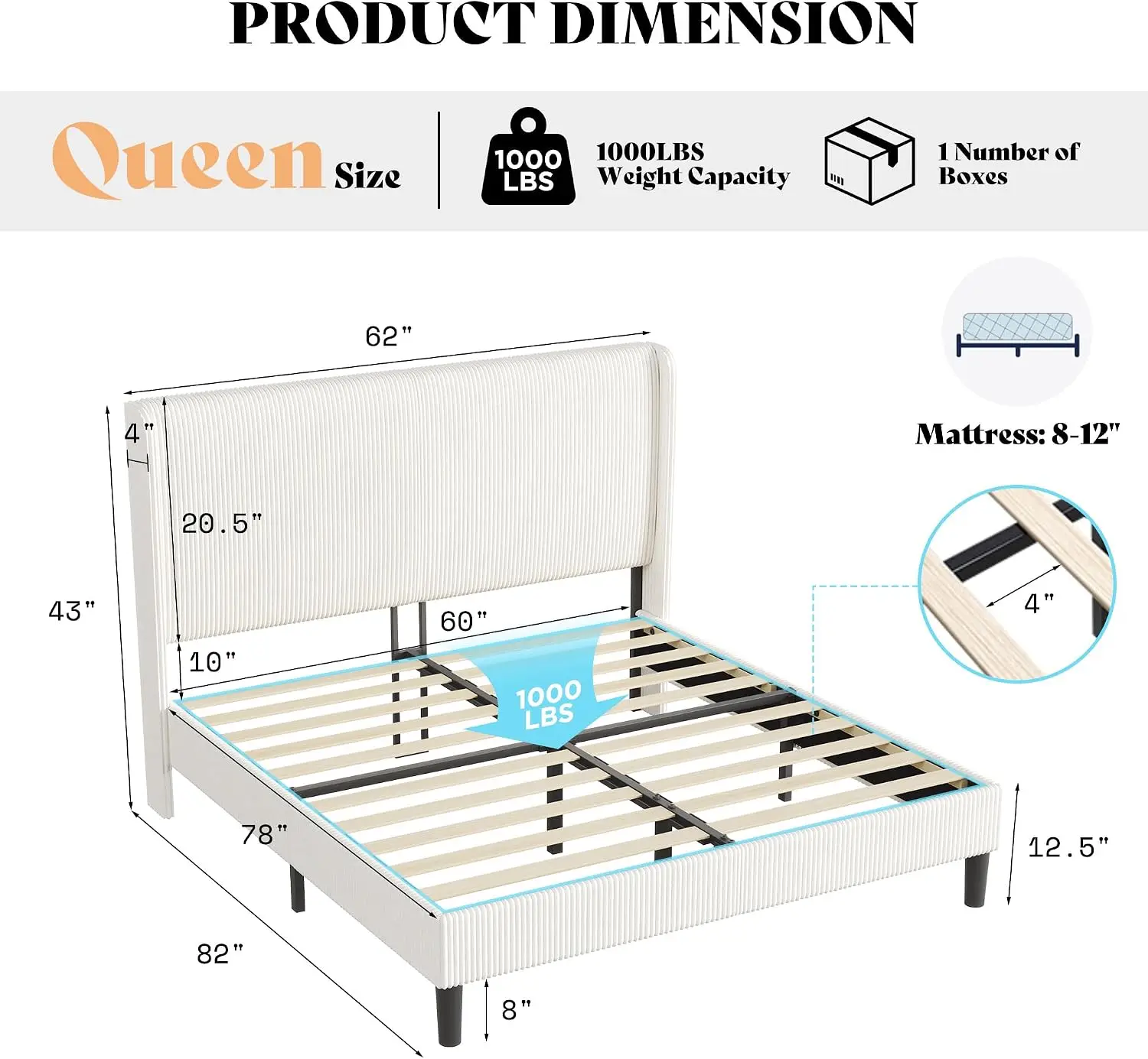 Queen Bed Frame, Upholstered Platform Bed with Corduroy Headboard, Cream | No Box Spring Needed, Corduroy Headboard, Easy