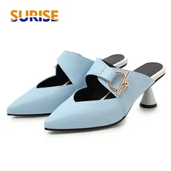 Elegant Women Buckle Sandals Pink Blue White Black High Chunky Heels Slippers Dress Party Pointed Toe Slip-on Summer Lady Mules