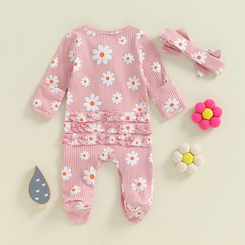 Newborn Baby Girl Footies Romper Floral Long Sleeve Zipper Ruffle Jumpsuit Bodysuit Infant Coming Home Outfit