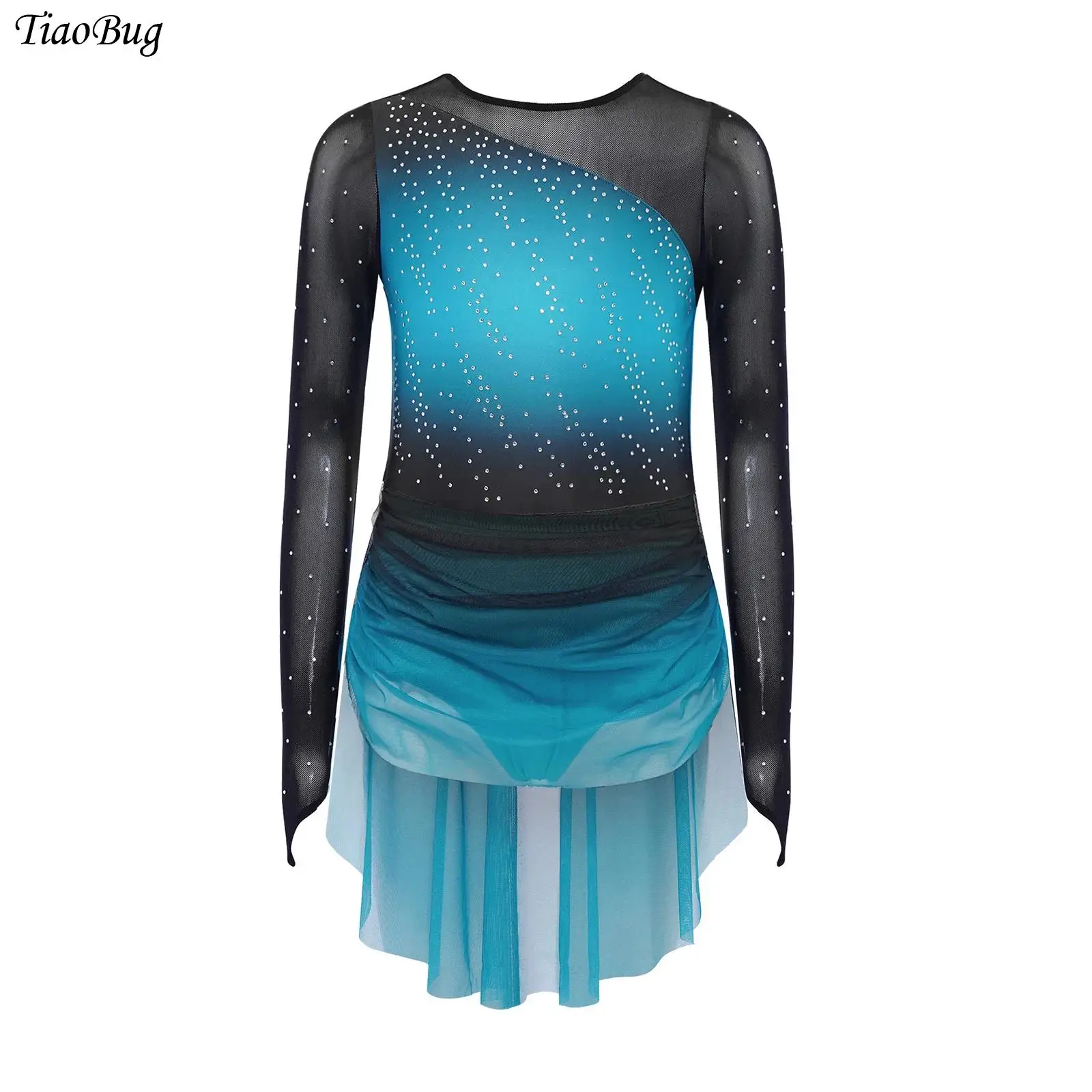 

Girls Figure Skating Leotard Dress Long Sleeves Sheer Mesh Patchwork Lyrical Dance Dress Rhinestone Gradient Gymnastics Costume