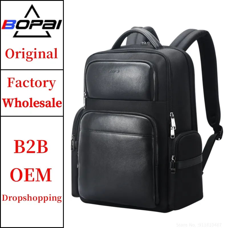 BOPAI Wholesale Bopaihandmade Debossed Traveler Men 15.6 Inch Laptop Cowhide Impermeavel Charging Business Backpack Multi-pocket