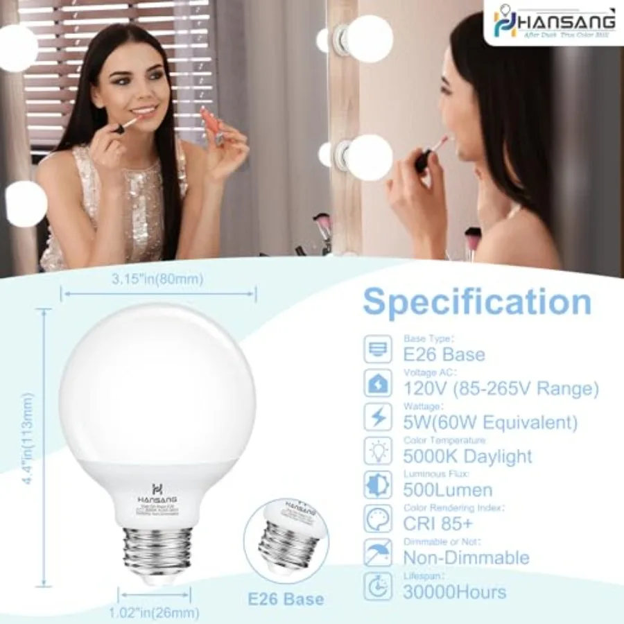 G25 LED Vanity Globe Bulbs 60W Equivalent 5000K E26