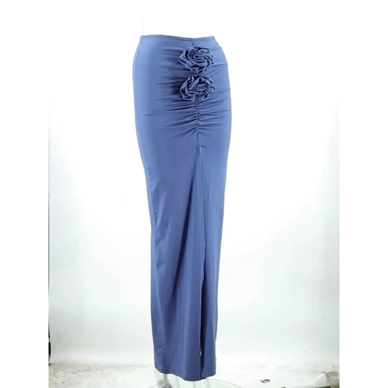 Women European INS 3D Floral Ruched High Slit Irregular Maxi Midi Skirt Elegant Streetwear