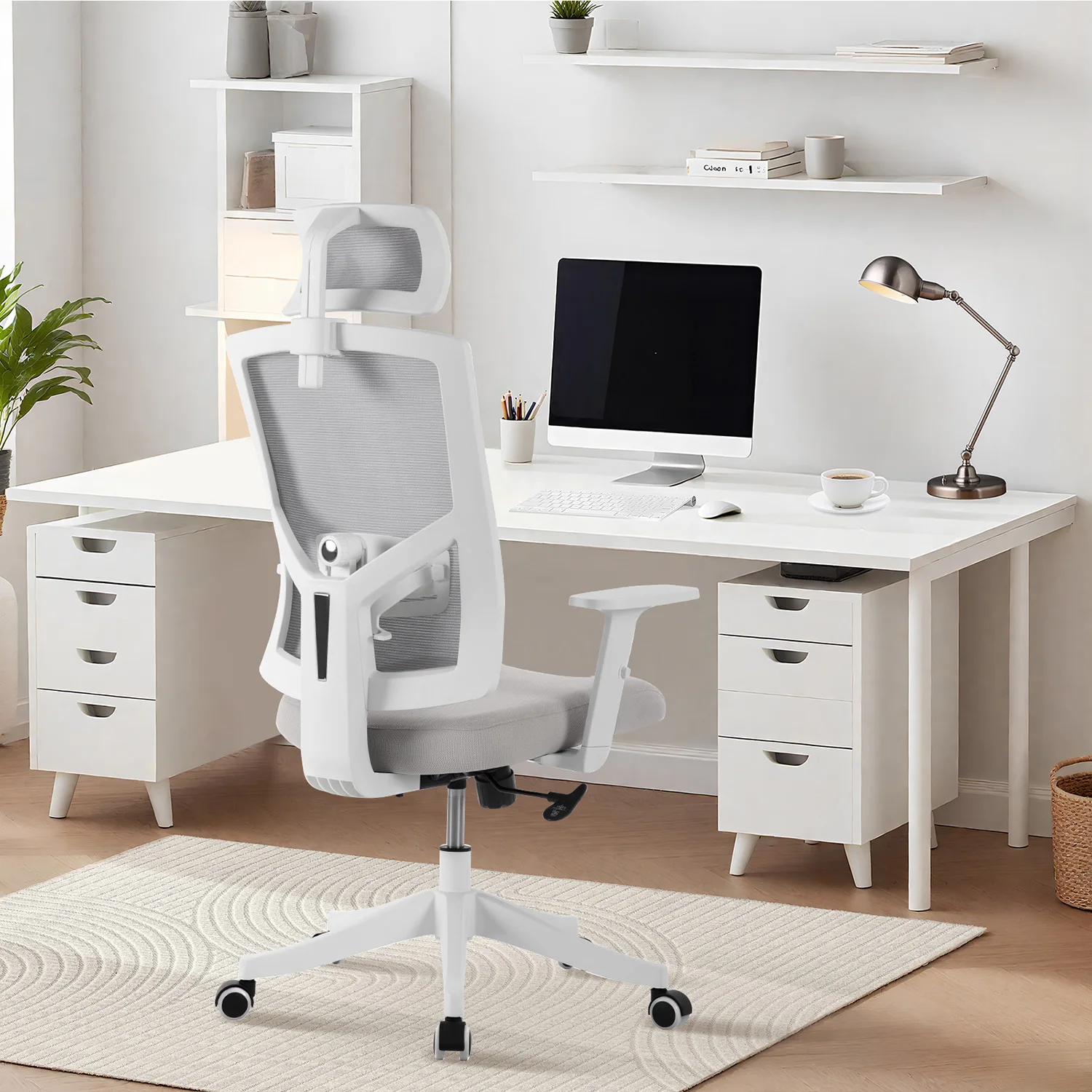 

Ergonomic High Back Mesh Office Chair - Adjustable Headrest & Lumbar Support - Turnover-Up Arms - Swivel Wheels for Home Office
