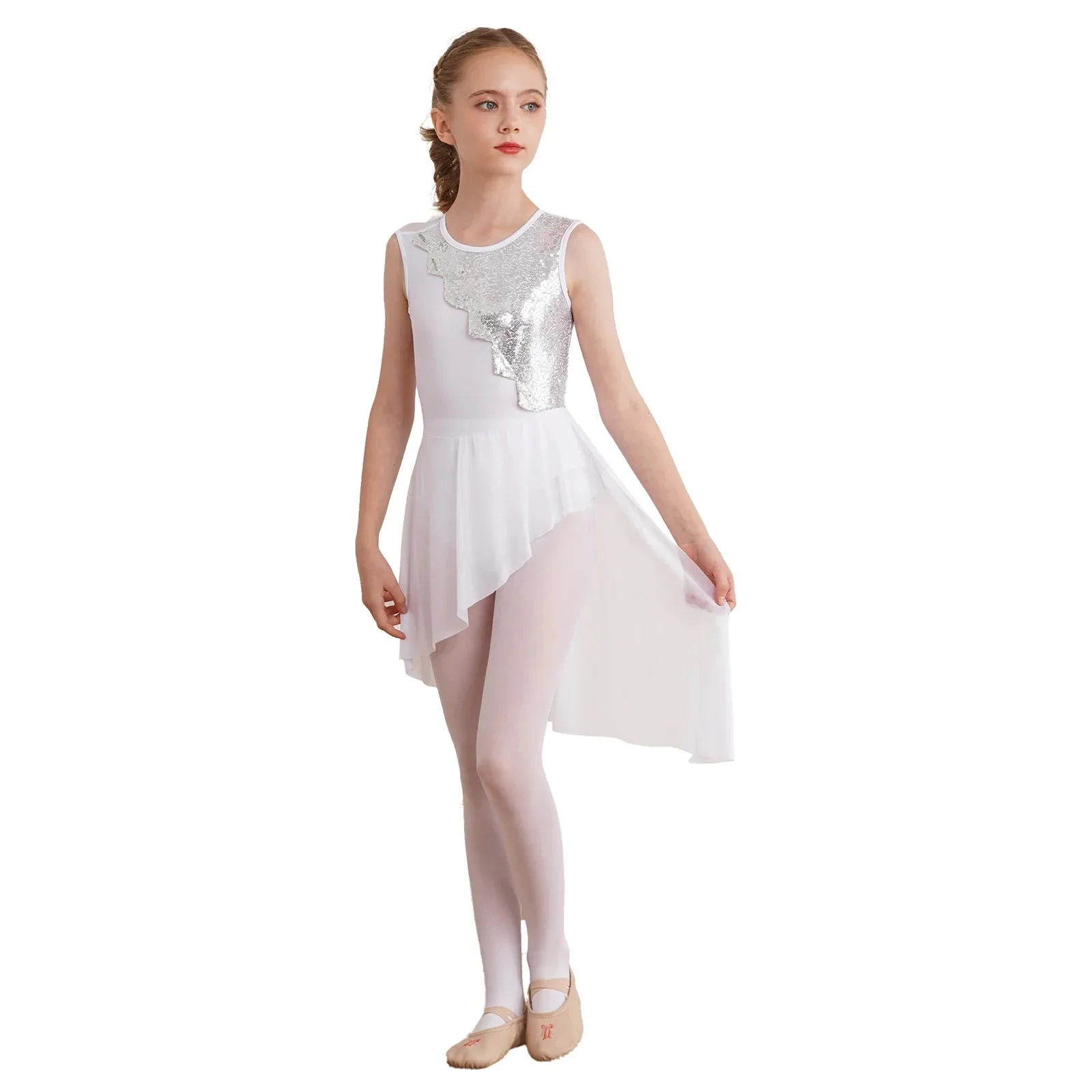 Ballet Dance Dress Kids Girls Shiny Sequins Sleeveless Round Neck Hollow Back Figure Ice Skating Dress Stage Performance Costume