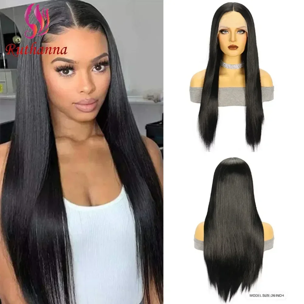 Middle Part Long Straight Wig 13x1 T Part Synthetic Lace Front Wig For Women 26 Inch Natural Black High Quality Wig Daily Use