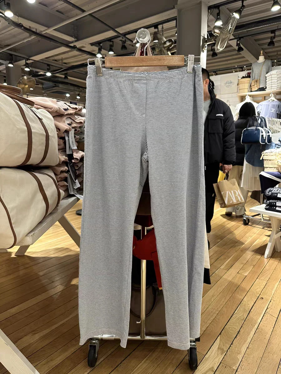 

New Blue Striped Cotton Long Pant for Woman Elastic High Waist Straight Home Trousers Summer Sweet Cute Casual Style Pants Y2k