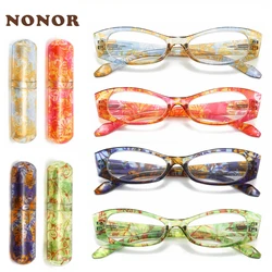 NONOR Chinese Style Floral Women's Spring Hinge Reading Glasses Set with PC Case, 4-Piece Comfortable Presbyopic Glasses Kit