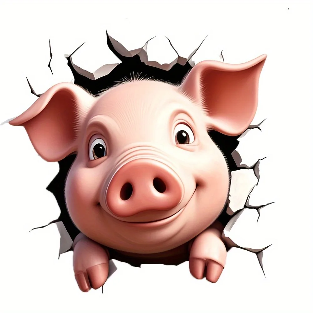 Naughty Pig Breaking Through Wall Cartoon Vinyl Sticker Durable Self Adhesive Decals with Realistic Textures & Dynamic 3D